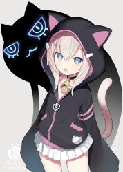 Rule 34 | 1girl, animal ears, animal hood, black jacket, blush, capriccio, cat ears, cat hood, cat tail, character request, check character, chestnut mouth, collarbone, commentary request, fake animal ears, grey background, grey eyes, hair between eyes, hood, hood up, hooded jacket, jacket, league of legends, light brown hair, long sleeves, looking at viewer, original, parted lips, pleated skirt, puffy long sleeves, puffy sleeves, simple background, skirt, sleeves past fingers, sleeves past wrists, tail, vex (league of legends), white skirt