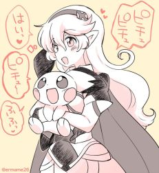 Rule 34 | 1girl, armor, blush, cape, corrin (female) (fire emblem), corrin (fire emblem), creatures (company), eromame, fire emblem, fire emblem fates, game freak, gen 2 pokemon, gloves, hair between eyes, hair ornament, hairband, holding, long hair, nintendo, open mouth, pichu, pointy ears, pokemon, pokemon (creature), red eyes, smile, super smash bros., translation request