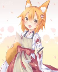 Rule 34 | 1girl, :d, animal ear fluff, animal ears, apron, blush, brown apron, brown eyes, commentary request, fang, flower, fox ears, fox girl, fox tail, hair between eyes, hair flower, hair ornament, highres, japanese clothes, kimono, ladle, long sleeves, looking at viewer, open mouth, orange hair, red flower, red hair, ribbon-trimmed sleeves, ribbon trim, senko (sewayaki kitsune no senko-san), sewayaki kitsune no senko-san, smile, solo, tail, tail raised, usagimiko, white kimono, wide sleeves
