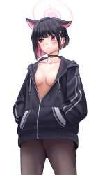 Rule 34 | 1girl, absurdres, animal ears, black choker, black hair, black jacket, blue archive, blush, breasts, brown pantyhose, cat ears, choker, closed mouth, collarbone, commentary request, drawstring, hair ornament, hairclip, halo, hands in pockets, highres, hood, hood down, hooded jacket, jacket, kazusa (blue archive), korean commentary, long sleeves, looking to the side, multicolored hair, open clothes, open jacket, pantyhose, pink hair, puffy long sleeves, puffy sleeves, red eyes, samgong, simple background, small breasts, solo, standing, two-tone hair, white background