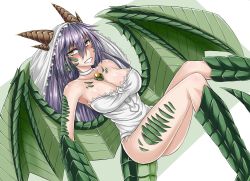 Rule 34 | 1girl, animal hands, bare shoulders, blush, breasts, bride, cleavage, dragon (monster girl encyclopedia), dragon girl, dragon tail, dragon wings, dress, fins, green wings, head fins, horns, jpeg artifacts, large breasts, light purple hair, long hair, long legs, looking at viewer, monster girl, monster girl encyclopedia, open mouth, purple hair, revealing clothes, sanmoto gorouzaemon, scales, simple background, slit pupils, smile, solo, tail, veil, wedding dress, wings, yellow eyes