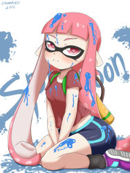 Rule 34 | 1girl, 2016, artist name, bike shorts, blush, closed mouth, copyright name, domino mask, female inkling, highres, ink, inkling player character, looking at viewer, mask, morris1611, nintendo, pink eyes, pink hair, pointy ears, shirt, shoes, short sleeves, sitting, sneakers, solo, splatoon (series), tentacle hair, white background