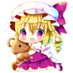 Rule 34 | 1girl, :d, blonde hair, blush, bow, brown eyes, chibi, chocolat (momoiro piano), commentary request, fang, flandre scarlet, full body, hair between eyes, hat, hat bow, high heels, hugging object, long hair, mob cap, one side up, open mouth, pink bow, puffy short sleeves, puffy sleeves, purple skirt, purple vest, red eyes, red footwear, ringlets, shirt, shoes, short sleeves, sidelocks, simple background, sitting, skirt, smile, socks, solo, stuffed animal, stuffed toy, teddy bear, touhou, vest, wariza, white background, white hat, white shirt, white socks, yellow neckwear