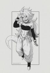 1girl absurdres android_21 bandeau bare_shoulders black_sclera bracelet breasts cleavage colored_sclera detached_sleeves dragon_ball dragon_ball_fighterz earrings female_focus full_body harem_pants highres jewelry long_hair maiohneze majin_android_21 medium_breasts monochrome nail_polish navel pants solo tail