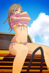 Rule 34 | ahoge, bikini, brown hair, car, clothes lift, day, front-tie top, harada yuuichi, long hair, looking to the side, motor vehicle, navel, original, pink eyes, pink shirt, shirt, shirt lift, side-tie bikini bottom, sitting, skindentation, solo, swimsuit, undressing