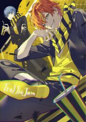 Rule 34 | 2boys, aoyagi touya, black jacket, black pants, blonde hair, blue hair, chain-link fence, closed mouth, commentary request, cup, dark blue hair, drinking straw, fence, green eyes, hanada 09, hand up, highres, holding, holding cup, jacket, long sleeves, looking at viewer, male focus, multicolored hair, multiple boys, neckerchief, open clothes, orange hair, pants, project sekai, sharp teeth, shinonome akito, shirt, short hair, split-color hair, standing, streaked hair, striped neckerchief, teeth, traffic jam (vocaloid), two-tone hair, v-neck, yellow shirt