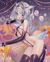 Rule 34 | absurdres, bare shoulders, bat (animal), candle, commission, elbow gloves, feathered wings, ghost, gloves, hair ornament, halloween, halloween dare succubus lingerie, highres, indie virtual youtuber, jack-o&#039;-lantern, lingerie, looking at viewer, mikazuki silvi, nekoneko sansho, open mouth, owl ears, owl girl, skeb commission, slingshot swimsuit, swimsuit, thighhighs, twintails, underwear, virtual youtuber, wings