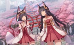 Rule 34 | 2girls, animal ears, artist name, azur lane, bare shoulders, black hair, blunt bangs, commentary request, detached sleeves, eye contact, fox ears, hair ornament, highres, japanese clothes, long hair, long sleeves, looking at another, miko, multiple girls, mutsu (azur lane), nagato (azur lane), open mouth, personification, red ribbon, ribbon, short hair, skirt, stairs, tagme, thighhighs, torii, twitter username, walking, wide sleeves, yellow eyes, yu ni t
