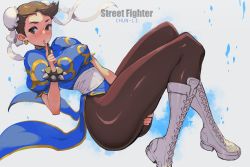 Rule 34 | 1girl, absurdres, blue dress, boots, bracelet, breasts, brown hair, brown pantyhose, bun cover, capcom, character name, chimjoljol (cute goblin), china dress, chinese clothes, chun-li, copyright name, covered erect nipples, cross-laced footwear, double bun, dress, earrings, full body, hair bun, hair pulled back, highres, index finger raised, jewelry, knees up, large breasts, pantyhose, pelvic curtain, puffy short sleeves, puffy sleeves, sash, short sleeves, side slit, solo, spiked bracelet, spikes, street fighter, white footwear