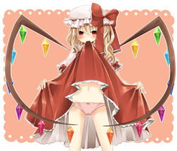 Rule 34 | 1girl, blonde hair, blush, bow, clothes in mouth, clothes lift, dress, dress in mouth, dress lift, female focus, flandre scarlet, hat, hat bow, mouth hold, navel, nn (seiga), panties, pink panties, polka dot, polka dot panties, red eyes, short hair, side ponytail, skirt, skirt lift, solo, touhou, underwear, upskirt, wings