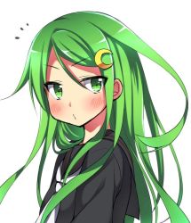 Rule 34 | 10s, 1girl, bad id, bad twitter id, black shirt, blush, crescent, crescent hair ornament, eyebrows, from side, green eyes, green hair, hair between eyes, hair ornament, kantai collection, long hair, looking at viewer, looking to the side, matching hair/eyes, nagatsuki (kancolle), neckerchief, school uniform, serafuku, shirt, simple background, sk02, solo, upper body, white background, white neckerchief