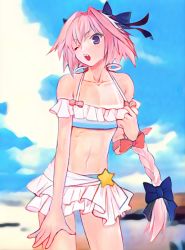 Rule 34 | 1boy, abs, absurdres, astolfo (fate), astolfo (sparkling frills) (fate), bare shoulders, bikini, bikini pull, black bow, blue bikini, blue sky, blush, bow, braid, clothes pull, collarbone, fate/apocrypha, fate/extella, fate/extella link, fate/extra, fate (series), hair bow, hair intakes, highres, long braid, long hair, looking at viewer, male focus, meso3, microskirt, multicolored hair, navel, off-shoulder bikini, off shoulder, official alternate costume, one eye closed, open mouth, pink hair, purple eyes, single braid, skirt, sky, solo, streaked hair, swimsuit, tan, tanline, thighs, trap, white hair, white skirt