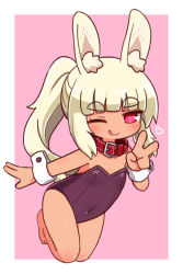 Rule 34 | 1girl, :p, animal ear fluff, animal ears, bare shoulders, black leotard, blonde hair, blunt bangs, blush, border, closed mouth, collar, commentary request, covered navel, etrian odyssey, fake animal ears, flat chest, full body, hand up, heart, heart-shaped pupils, highres, kneeling, leotard, masurao (sekaiju), masurao 2 (sekaiju), naga u, one eye closed, outside border, outstretched arm, pink background, playboy bunny, ponytail, rabbit ears, red collar, red eyes, sekaiju no meikyuu, sekaiju no meikyuu 5, sidelocks, smile, solo, symbol-shaped pupils, thick eyebrows, tongue, tongue out, v, white border, wrist cuffs