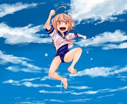 Rule 34 | &gt;:d, 1990s (style), 1girl, :d, ahoge, arm up, blue sky, cherry blossoms, cloud, day, full body, gradient background, gundam, hair ornament, i-58 (kancolle), jumping, kantai collection, one-piece swimsuit, open mouth, parody, petals, pink eyes, pink hair, retro artstyle, school swimsuit, school uniform, serafuku, shirt, short hair, short sleeves, sky, smile, solo, swimsuit, swimsuit under clothes, v-shaped eyebrows, victory gundam, watanore, water, wet, wet clothes, wet shirt