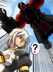 Rule 34 | 1boy, 1girl, ?, android, arc system works, bad id, bad pixiv id, belt, black hair, blazblue, blazblue: calamity trigger, blazblue: chronophantasma, breasts, bullet (blazblue), colored skin, cyborg, dark skin, emphasis lines, fingerless gloves, from below, gauntlets, glasses, gloves, hair over one eye, highres, iron tager, jacket, large breasts, mechanical arms, multicolored hair, muscular, oversized limbs, paper, red skin, short hair, speech bubble, sunglasses, two-tone hair, white hair, yellow eyes