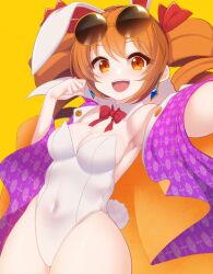 Rule 34 | 1girl, animal ears, armpits, breasts, detached collar, diamond earrings, drill hair, earrings, eyewear on head, fake animal ears, fake tail, highres, jewelry, kuresento, leotard, looking at viewer, medium breasts, open clothes, open mouth, orange eyes, orange hair, playboy bunny, smile, solo, strapless, strapless leotard, tail, teeth, touhou, twin drills, upper teeth only, white leotard, yellow background, yorigami jo&#039;on