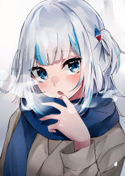 Rule 34 | 1girl, absurdres, alternate costume, beige jacket, blue eyes, blue hair, blue scarf, blunt bangs, blush, breath, commentary request, fang, gawr gura, hand up, highres, holding, holding clothes, holding scarf, hololive, hololive english, jacket, long sleeves, looking at viewer, looking to the side, multicolored hair, nanashinayuzu mochi, open mouth, scarf, silver hair, solo, streaked hair, virtual youtuber