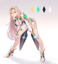 Rule 34 | 1girl, absurdres, bare legs, bent over, blonde hair, breasts, chest jewel, cleavage, cleavage cutout, clothing cutout, color guide, commentary request, dress, full body, gloves, grey background, highres, jewelry, large breasts, long hair, long legs, looking at viewer, mirin., mythra (xenoblade), nintendo, open mouth, short dress, simple background, solo, swept bangs, thigh strap, tiara, very long hair, white background, white dress, white footwear, white gloves, xenoblade chronicles (series), xenoblade chronicles 2, yellow eyes