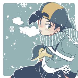 Rule 34 | 1boy, alternate color, backwards hat, bad id, bad pixiv id, baseball cap, black hair, black pants, border, breath, commentary request, creatures (company), cyndaquil, ethan (pokemon), game freak, gen 2 pokemon, green eyes, hand in pocket, hat, jacket, light blush, long sleeves, looking to the side, lowres, male focus, nintendo, pants, pokemon, pokemon (creature), pokemon hgss, scarf, short hair, snowflakes, strap, teeth, upper teeth only, white border, xichii