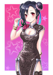 Rule 34 | 1girl, alternate hairstyle, animal print, black hair, bracelet, breasts, china dress, chinese clothes, cleavage cutout, closed mouth, clothing cutout, cowboy shot, double bun, dress, final fantasy, final fantasy vii, final fantasy vii remake, flower, gold bracelet, hair bun, highres, jewelry, large breasts, leopard print, long hair, looking at viewer, nalu, official alternate costume, red eyes, red flower, red rose, rose, solo, square enix, star (symbol), starry background, thighhighs, tifa lockhart, tifa lockhart (sporty dress), wall market