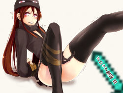 Rule 34 | 1girl, andr, at2., bdsm, blue eyes, blush, bondage, bound, bound wrists, brown hair, censored, convenient censoring, convenient leg, enderman, garter straps, hat, highres, long hair, minecraft, personification, solo, tears, thighhighs