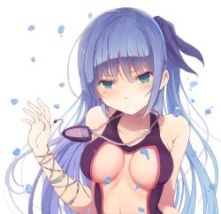 Rule 34 | 1girl, bare shoulders, blue eyes, blue hair, blush, breasts, center opening, competition swimsuit, hair ornament, highres, long hair, matching hair/eyes, medium breasts, one-piece swimsuit, original, rafael-m, side ponytail, solo, stopwatch, swimsuit, upper body, watch, water