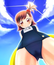 Rule 34 | 00s, 1girl, blush, brown eyes, brown hair, cloud, day, female focus, from below, futami mami, hair bobbles, hair ornament, idolmaster, idolmaster (classic), innertube, looking down, npon515, one-piece swimsuit, outdoors, school swimsuit, short hair, side ponytail, sky, solo, swim ring, swimsuit