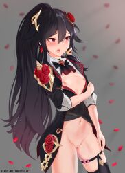 Rule 34 | 1girl, absurdres, alternate costume, belly, black hair, black thighhighs, blush, breasts, cleft of venus, clenched hands, closed mouth, dress, flower, fu hua, fu hua (blood voivode), fu hua (shadow knight), garter straps, hair between eyes, hair flower, hair ornament, high ponytail, highres, honkai (series), honkai impact 3rd, long hair, long sleeves, looking at viewer, navel, nipples, official alternate costume, ponytail, pussy, red eyes, red flower, rose, small breasts, solo, thighhighs, thighs, torofu, vampire, watermark, web address