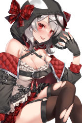 Rule 34 | 1girl, absurdres, animal hood, belt, black gloves, black hair, black jacket, blush, bow, breasts, buckle, camisole, cleavage, closed mouth, crossed legs, eye mask, fingerless gloves, frills, from side, garter straps, gloves, grey hair, hachiroku (hatirokusann86), hair ornament, heart, heart-shaped buckle, heart pendant, highres, holding, holding mask, hololive, hood, jacket, large breasts, looking at viewer, mask, medium hair, miniskirt, multicolored hair, multiple belts, nail polish, off shoulder, orca hood, pink nails, plaid, plaid bow, plaid skirt, red eyes, red skirt, sakamata chloe, sitting, skirt, solo, streaked hair, thighhighs, thighs, tongue, tongue out, torn clothes, torn thighhighs, virtual youtuber, white camisole, x hair ornament