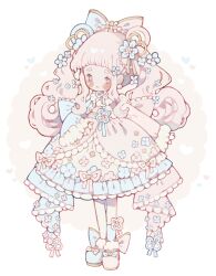 Rule 34 | 1girl, animal ears, ankle socks, asymmetrical footwear, asymmetrical legwear, asymmetrical sleeves, back bow, bear ears, blue bow, blue eyes, blue flower, blue footwear, blue ribbon, blue sleeves, blue socks, blunt bangs, blush, blush stickers, boots, bow, bow legwear, brown sash, chibi, circle, collar, commentary, commission, dress, dress ribbon, earrings, english commentary, facial mark, floral print, flower, frilled bow, frilled collar, frilled dress, frills, fur-trimmed boots, fur-trimmed sleeves, fur trim, gem, gold ribbon, gold trim, hair bow, hair flower, hair ornament, hair ribbon, hand on own hip, heart, heart on cheek, heart print, heterochromia, highres, jewelry, lace, lace-trimmed dress, lace trim, layered dress, littlebluemuffin, long hair, long sleeves, mismatched footwear, mismatched sleeves, neck ribbon, open mouth, original, pearl (gemstone), pearl earrings, pink bow, pink dress, pink eyes, pink flower, pink footwear, pink hair, pink ribbon, pink sleeves, ribbon, short dress, sidelocks, single sock, sleeves past wrists, smile, socks, sphere earrings, thick eyebrows, twintails, two-tone bow, wavy hair, white background, white collar, wide sleeves