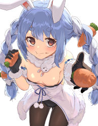Rule 34 | 1girl, :t, absurdres, animal ear fluff, animal ears, black gloves, black pantyhose, blue hair, blush, braid, breasts, brown eyes, carrot, carrot hair ornament, closed mouth, coat, detached sleeves, don-chan (usada pekora), eating, food, food-themed hair ornament, food on face, foreshortening, fur-trimmed coat, fur-trimmed gloves, fur scarf, fur trim, gloves, hair ornament, highres, holding, holding carrot, holding food, hololive, incoming food, long hair, looking at viewer, multicolored hair, pantyhose, puffy short sleeves, puffy sleeves, rabbit-shaped pupils, rabbit ears, scarf, shogyo kamo mujo, short eyebrows, short sleeves, small breasts, solo, symbol-shaped pupils, thick eyebrows, twin braids, twintails, two-tone hair, usada pekora, usada pekora (1st costume), virtual youtuber, white coat, white hair, white scarf, white sleeves