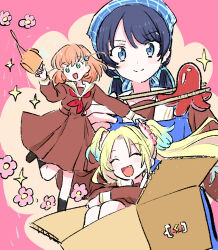 Rule 34 | 3girls, :d, ^ ^, apron, aqua eyes, arms on knees, battery indicator, blonde hair, blue apron, blue eyes, blue hair, blue hat, blue ribbon, blush, box, brown dress, cardboard box, chopsticks, closed eyes, closed mouth, crossed bangs, dark blue hair, dress, fang, flower, food, food art, gradient hair, hair flower, hair ornament, hair ribbon, hasu no sora school uniform, hat, hinoshita kaho, holding, holding chopsticks, holding watering can, in box, in container, knees up, light blue hair, link! like! love live!, long hair, long sleeves, looking at viewer, love live!, low twintails, medium dress, medium hair, mokeo, multicolored hair, multiple girls, murano sayaka, neckerchief, open mouth, orange hair, osawa rurino, outstretched arm, parted bangs, pink background, pink flower, pleated dress, rabbit hair ornament, red neckerchief, ribbon, sailor collar, sailor dress, school uniform, sitting, smile, sparkle, split mouth, standing, tako-san wiener, twintails, two side up, v-shaped eyebrows, virtual youtuber, water drop, watering can, white sailor collar, winter uniform