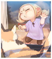 Rule 34 | 1girl, :&lt;, animal, black legwear, blonde hair, blurry, blurry background, border, cat, cheek press, child, closed eyes, commentary, crayon, curtains, forehead, full body, holding, kozato (yu kozato), little blonde girl (kozato), original, outdoors, purple shirt, shadow, shirt, short sleeves, short twintails, sidelocks, solo, standing, thick eyebrows, twintails, twitching, v-shaped eyebrows, white border