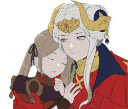 Rule 34 | 2girls, age comparison, aged down, armor, brown hair, closed eyes, commentary request, double bun, dual persona, edelgard von hresvelg, fire emblem, fire emblem: three houses, hair bun, hair ribbon, headdress, horns, multiple girls, nintendo, open mouth, purple eyes, red armor, rem (eyes 410), ribbon, sidelocks, simple background, twintails, upper body, white background, white hair