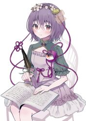 Rule 34 | 1girl, alternate costume, blue ribbon, blush, book, closed mouth, commentary, cowboy shot, dress, flower, hair between eyes, hair flower, hair ornament, heart, heart hair ornament, highres, holding, holding quill, komeiji satori, looking at viewer, on chair, open book, pink dress, purple hair, quill, red eyes, ribbon, short hair, short sleeves, simple background, sitting, smile, solo, tamagogayu1998, third eye, touhou, white background, white flower, writing