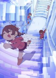 Rule 34 | 4girls, absurdres, braid, brown footwear, brown hair, closed eyes, evilfrap, glitch, highres, low twin braids, madotsuki, multiple girls, open mouth, railing, red skirt, red sweater, skirt, stairs, sweater, twin braids, yume nikki