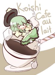 Rule 34 | &gt;:d, &gt; &lt;, 1girl, :d, bad id, bad pixiv id, blush, character name, chibi, closed eyes, coffee, coffee cup, cream, cup, disposable cup, female focus, green hair, hat, komeiji koishi, mini person, minigirl, no shoes, open mouth, simple background, smile, solo, sugar cube, sun hat, teaspoon, touhou, uruc, v-shaped eyebrows, xd