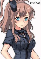 Rule 34 | 1girl, anchor ornament, black dress, blue eyes, breast pocket, breasts, brown hair, dress, hair between eyes, highres, kantai collection, large breasts, long hair, looking at viewer, maakun (makun dx), one-hour drawing challenge, pocket, ponytail, saratoga (kancolle), saratoga mk ii (kancolle), side ponytail, sidelocks, simple background, smokestack hair ornament, solo, twitter username, upper body, white background