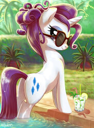 Rule 34 | 1girl, commentary, drink, english commentary, facing away, grass, hedge, highres, horns, looking at viewer, my little pony, my little pony: friendship is magic, outdoors, partially submerged, plant, poolside, potted plant, purple hair, rarity (my little pony), single horn, solo, sunglasses, unicorn, water, white fur, yulyeen