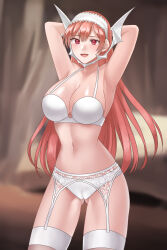 Rule 34 | 1girl, :d, absurdres, blurry, blurry background, bra, breasts, cameltoe, cherche (fire emblem), cleavage, cleft of venus, commentary request, cowboy shot, fire emblem, fire emblem awakening, garter belt, gluteal fold, hairband, hazuki (nyorosuke), highres, indoors, large breasts, long hair, looking at viewer, navel, nintendo, open mouth, panties, partially visible vulva, pink hair, purple eyes, smile, solo, standing, stomach, thighhighs, thighs, underwear, underwear only, very long hair, white bra, white hairband, white panties, white thighhighs