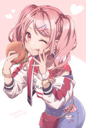 Rule 34 | 1other, ;p, akiyama mizuki, alternate costume, alternate hairstyle, artist name, bag, blush, burger, clothing cutout, commentary request, cowboy shot, denim, dotabata cafe rec!! (project sekai), food, hair ornament, heart, highres, hinata mizuiro, holding burger, jacket, looking at viewer, multiple bracelets, one eye closed, pink background, pink eyes, pink hair, pink nails, project sekai, scrunchie, shirt, shoulder cutout, solo, tongue, tongue out, twintails, two-tone background, white background, white jacket, white shirt, wrist scrunchie, x hair ornament