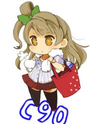Rule 34 | 1girl, bag, bottle, bow, brown eyes, brown hair, chibi, full body, hair bow, highres, long hair, love live!, love live! school idol project, minami kotori, mota, one side up, open mouth, simple background, skirt, solo, white background, yellow eyes