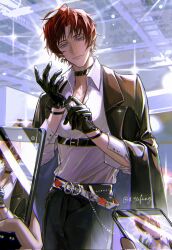 Rule 34 | 1boy, 23cifang, belt, black belt, black choker, black gloves, black jacket, black pants, blue eyes, bungou stray dogs, cellphone, choker, closed mouth, collared shirt, cowboy shot, earrings, facial hair, gloves, hands up, highres, jacket, jacket on shoulders, jewelry, looking at viewer, male focus, oda sakunosuke (bungou stray dogs), pants, phone, red hair, shirt, short hair, smartphone, smile, solo, standing, white shirt