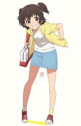 Rule 34 | 1girl, akagi miria, bag, blush, brown eyes, brown hair, child, commentary request, full body, hair ornament, hand in pocket, heart, heart hair ornament, highres, holding, holding bag, idolmaster, idolmaster cinderella girls, jacket, looking at viewer, miyahara takuya, open clothes, open jacket, red footwear, shirt, shoes, short hair, short sleeves, simple background, smile, sneakers, socks, solo, standing, two side up, white background, white shirt, yellow background, yellow jacket, yellow socks