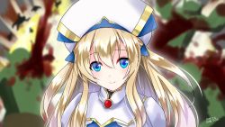 Rule 34 | 1girl, blonde hair, blood, blue eyes, blurry, blurry background, commentary request, explosion, goblin, goblin slayer!, hair between eyes, hat, long hair, looking at viewer, priestess (goblin slayer!), two side up, white hat, yamaguchi yuu
