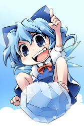 Rule 34 | barefoot, blue eyes, blue hair, bow, child, cirno, embodiment of scarlet devil, grin, ham (points), ice, short hair, smile, solo, touhou, wings