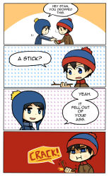 Rule 34 | 3boys, 4koma, angry, beanie, blue eyes, border, brown hair, chibi, comic, craig tucker, english text, hat, kataro, multiple boys, notice lines, red background, short hair, simple background, south park, speech bubble, stan marsh, stick, tagme, upper body, white border
