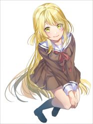 Rule 34 | 1girl, akaneya-ya, bang dream!, blonde hair, blush, breasts, closed mouth, commentary, from above, full body, hanasakigawa school uniform, hands on own knees, invisible chair, legs together, loafers, long hair, long sleeves, looking at viewer, medium breasts, red neckwear, sailor collar, school uniform, shoes, sidelocks, simple background, sitting, smile, socks, solo, swept bangs, tsurumaki kokoro, very long hair, white background, yellow eyes