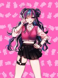 Rule 34 | 1girl, alternate hairstyle, animal print, black hair, black nails, blue hair, blush, breasts, commentary, crop top, cropped vest, danganronpa (series), danganronpa 2: goodbye despair, double bun, ear piercing, gwanlamcha, hair bun, hand on own hip, highres, jewelry, long hair, looking at viewer, medium breasts, mioda ibuki, multicolored hair, multicolored nails, nail polish, o-ring, one eye closed, piercing, pink background, pink eyes, pink hair, pink nails, pink vest, pleated skirt, rabbit print, shiny skin, shirt, skindentation, skirt, solo, symbol-only commentary, thigh strap, tongue, tongue out, v, vest, w, wavy hair, white hair