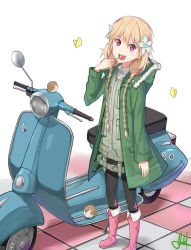 Rule 34 | 10s, 1girl, :d, bird, blonde hair, boots, bug, butterfly, candy, eating, flower, flower on head, food, hair flower, hair ornament, image sample, insect, jacket, kenkaizar, lollipop, misono chiaya, motor vehicle, open mouth, pantyhose, pink eyes, pink footwear, scooter, signature, smile, solo, standing, the rolling girls, vehicle, vespa